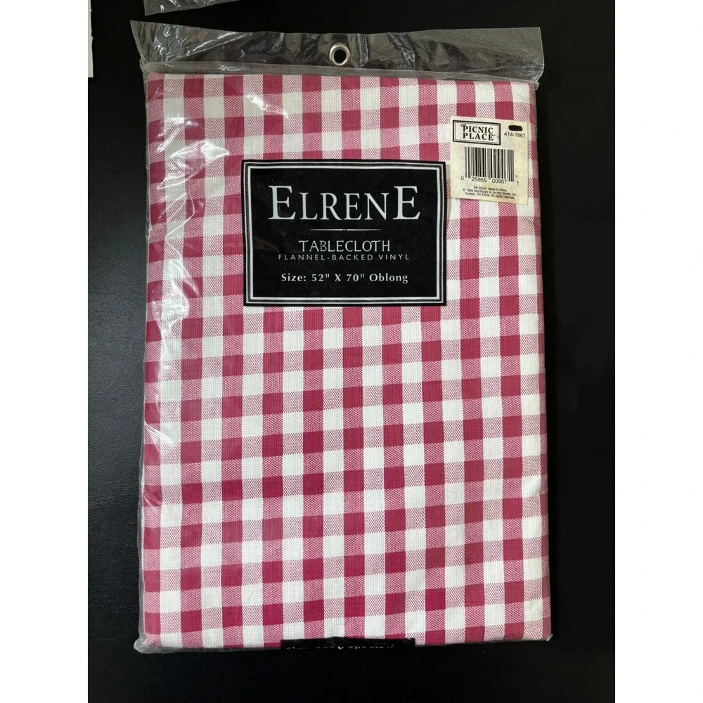 Vintage Elrene Raspberry Gingham Check Vinyl Tablecloth‎ 52x70 Oblong NOS 1999
